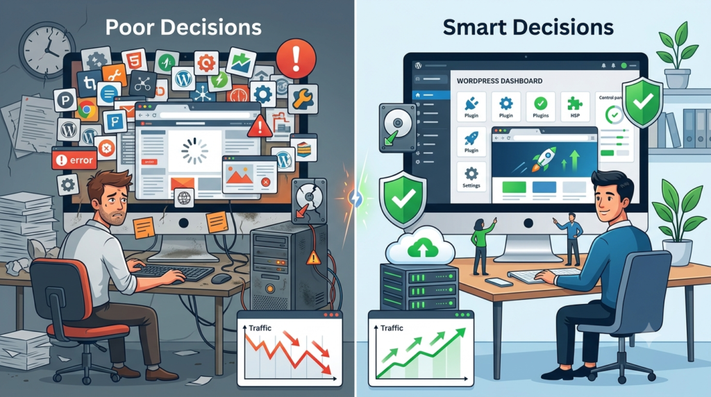 An engaging split-screen illustration contrasting poor hosting decisions versus smart hosting decisions.