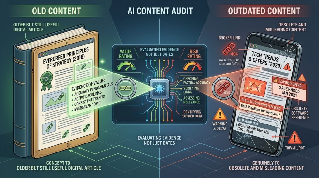 Can AI Really Run a WordPress Site? My Foenix.ai Experiment 2 A conceptual editorial illustration showing the difference between “old content” and “outdated content.”