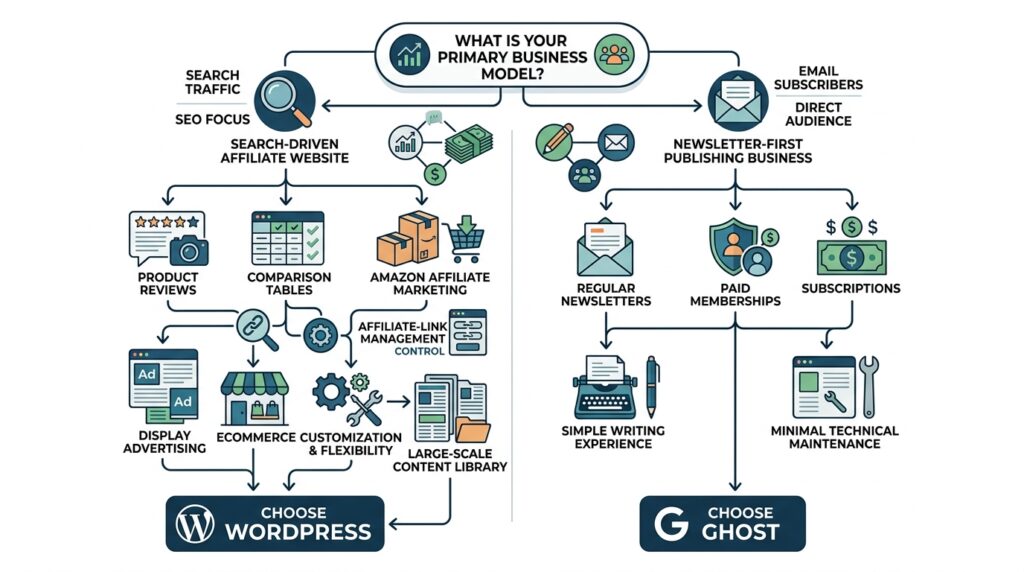 WordPress vs Ghost for Affiliate Bloggers: Which Platform is Best in 2026? 6 A polished decision-tree infographic for choosing between WordPress and Ghost for an affiliate business.