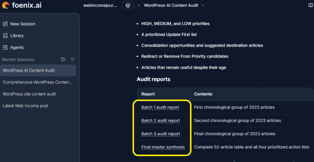 Can AI Really Run a WordPress Site? My Foenix.ai Experiment 5 Screenshot of the Foenix.ai audit report separated into four batches.