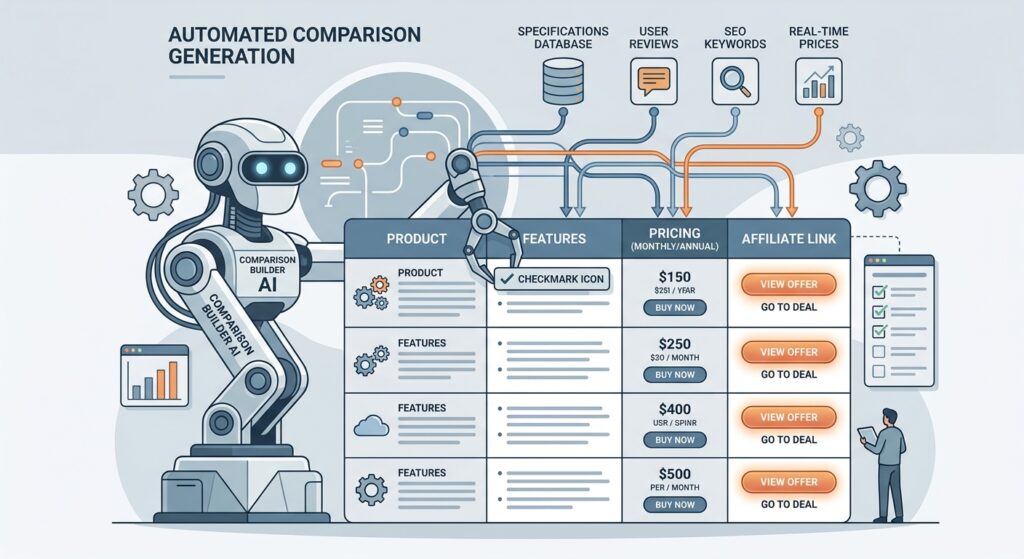 Foenix.ai Review: What Every Affiliate Marketer Should Know About This AI Agent 2 A flat-design illustration of an AI robot arm assembling a product comparison table