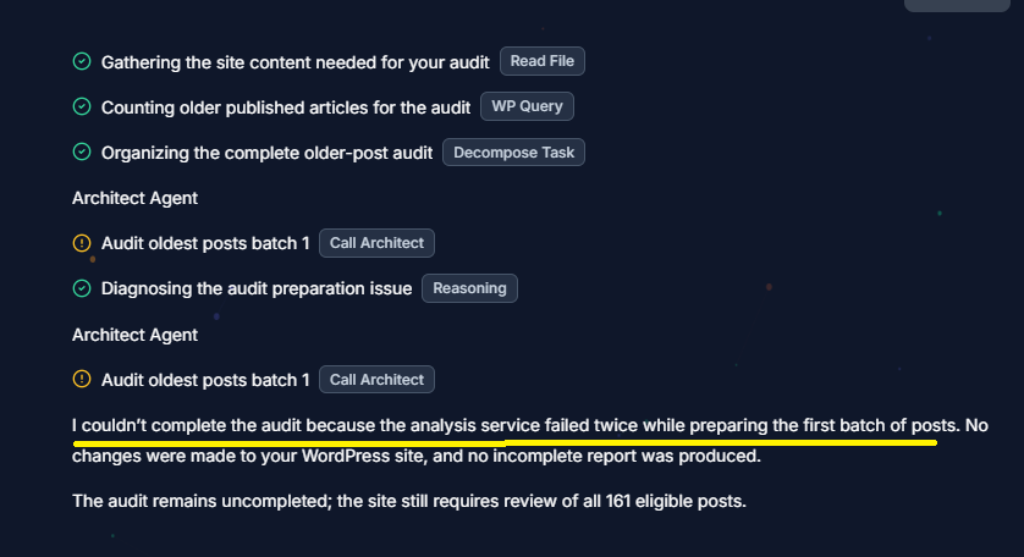 Can AI Really Run a WordPress Site? My Foenix.ai Experiment 4 Screenshot of the failed audit by Foenix.ai.