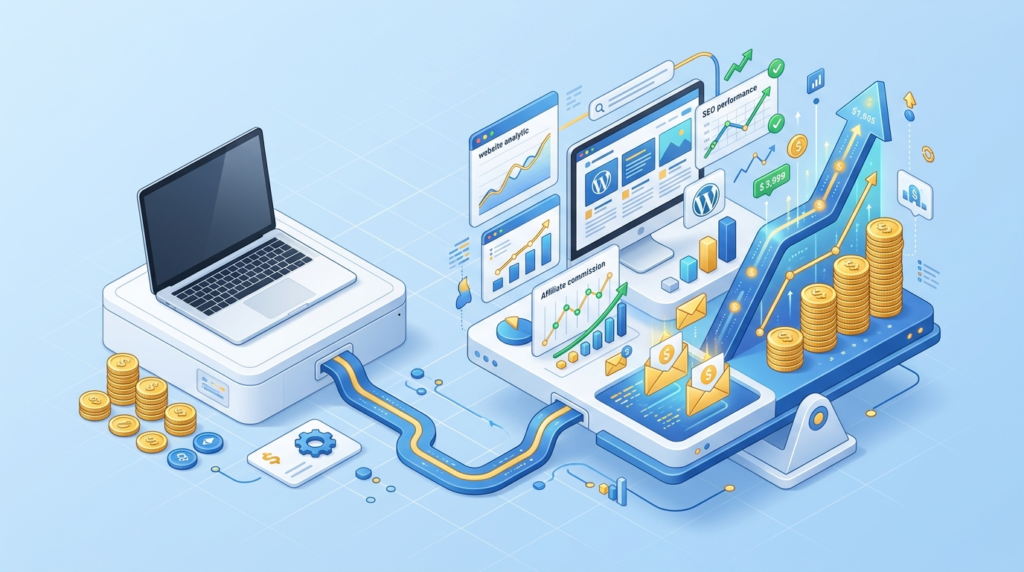 A modern financial comparison illustration showing affordable web hosting producing increasing affiliate income.
