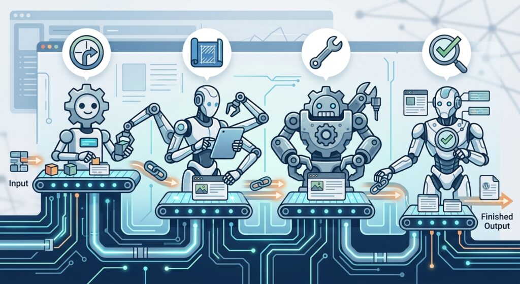 Foenix.ai Review: What Every Affiliate Marketer Should Know About This AI Agent 4 An infographic-style illustration showing four distinct abstract robot or gear characters connected in a pipeline