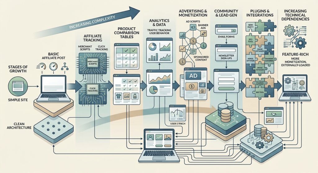 WordPress vs Ghost for Affiliate Bloggers: Which Platform is Best in 2026? 5 A conceptual editorial illustration showing an affiliate website becoming more complex as it grows.