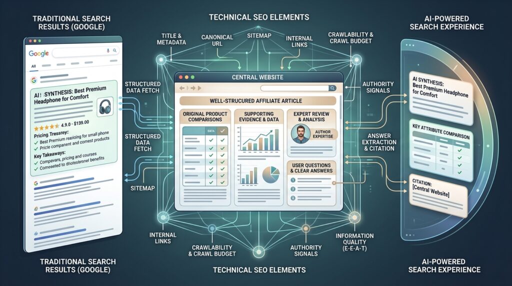 WordPress vs Ghost for Affiliate Bloggers: Which Platform is Best in 2026? 2 A premium editorial illustration showing how a modern affiliate website becomes discoverable through traditional Google Search and AI-powered search experiences.
