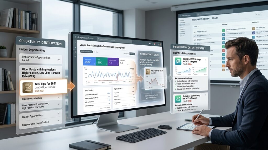 Can AI Really Run a WordPress Site? My Foenix.ai Experiment 7 A premium editorial visualization of an AI analyzing Google Search Console performance data to find hidden SEO opportunities in older WordPress articles.