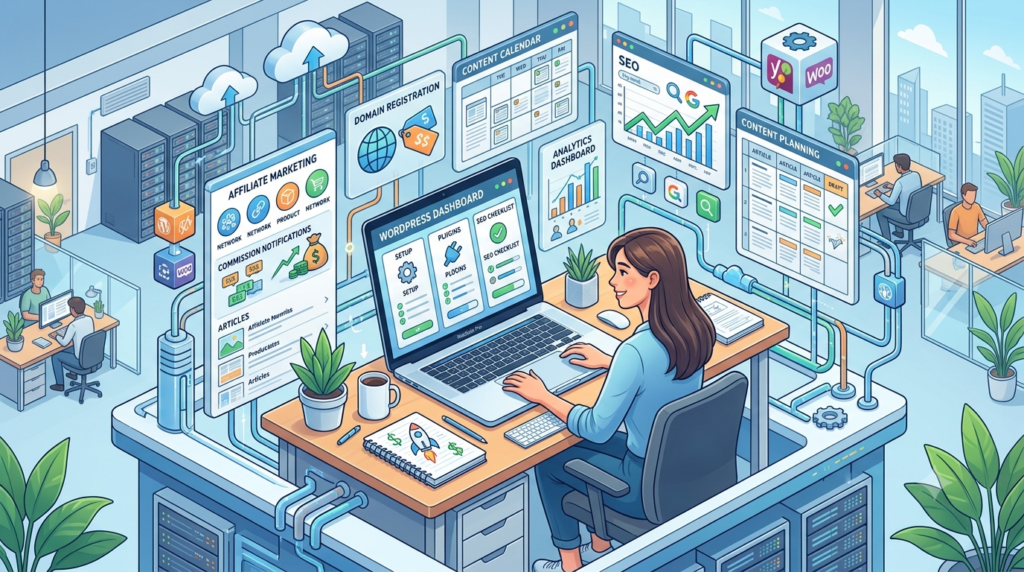A a detailed step-by-step workstation scene showing a blogger building a WordPress affiliate website.