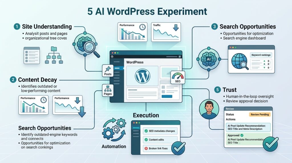 Can AI Really Run a WordPress Site? My Foenix.ai Experiment 1 An editorial infographic illustrating a five-stage AI WordPress experiment.