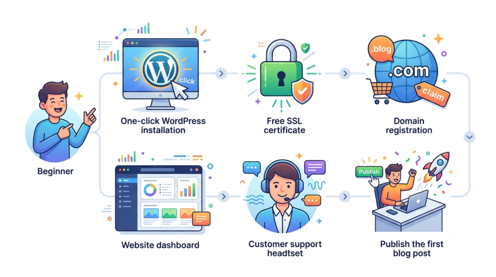 A clean infographic-style illustration showing a beginner launching a WordPress blog in simple sequential steps.