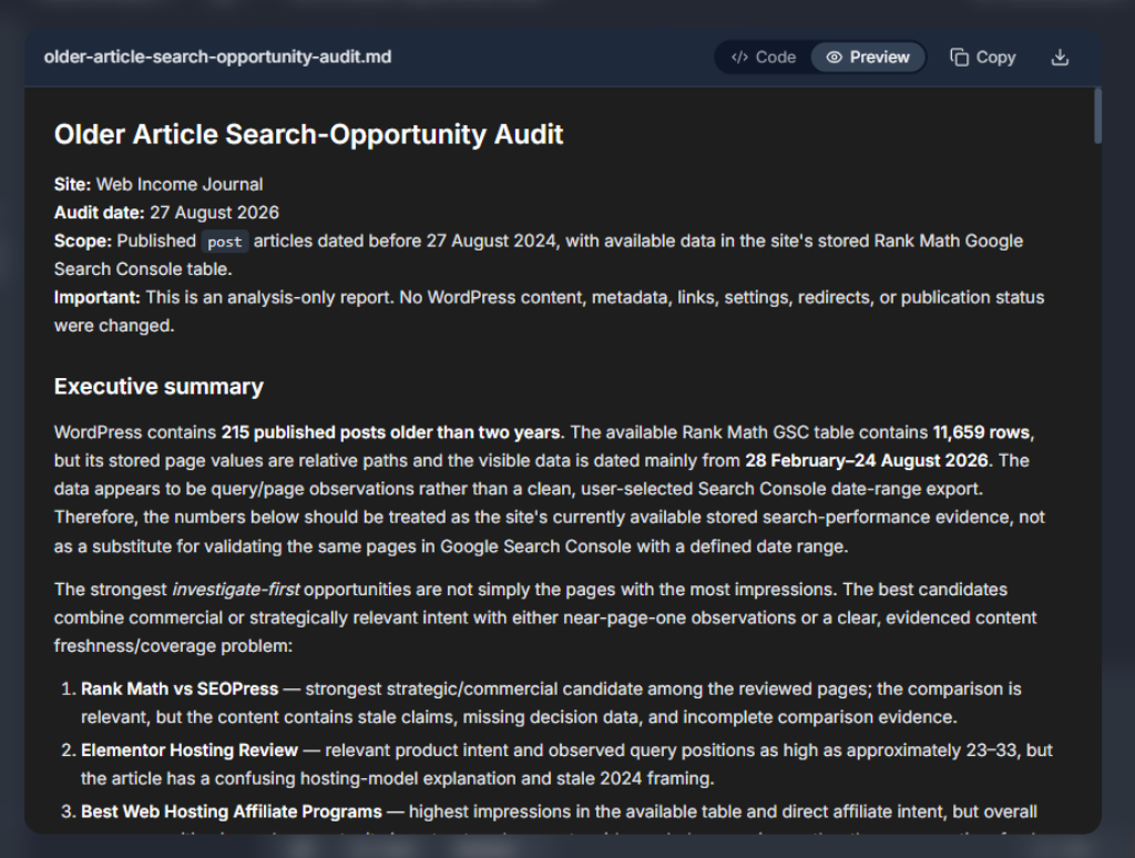 Can AI Really Run a WordPress Site? My Foenix.ai Experiment 8 A screenshot of the search opportunity audit report by foenix AI.