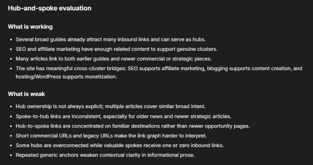 Can Foenix.ai Really Improve WordPress Internal Linking? My Experiment 5 Screenshot showing Foenix understood the hub and spoke structure of the site