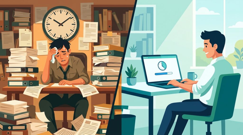 Can Foenix.ai Really Improve WordPress Internal Linking? My Experiment 6 A graphic illustration of a person surrounded by stacks of paper and a wall clock showing many hours passing