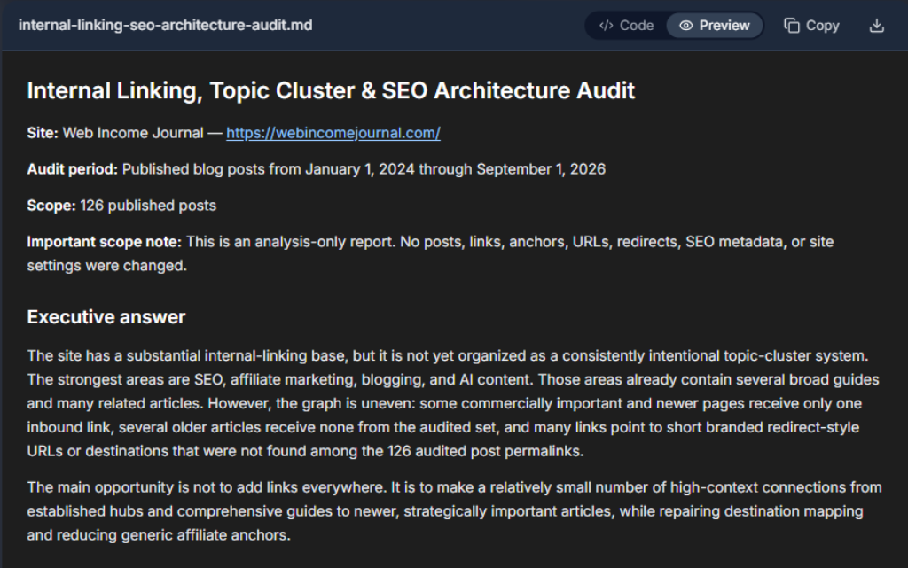 Can Foenix.ai Really Improve WordPress Internal Linking? My Experiment 2 Screenshot of the executive summary of the internal linking audit by Foenix.ai