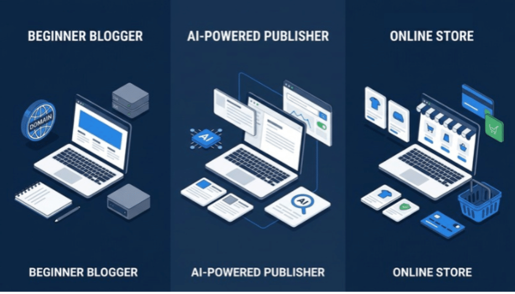 Bluehost Black Friday Week 2026: Up to 25% Off Hosting and AI Tools 2 Three website hosting use cases for beginner bloggers, AI publishers, and online stores
