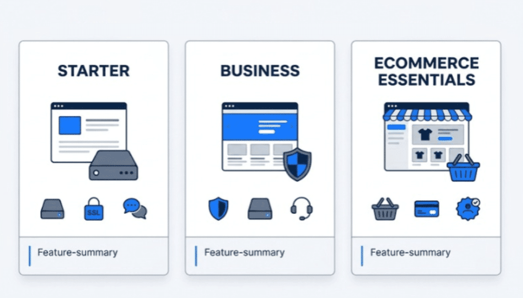 Bluehost Black Friday Week 2026: Up to 25% Off Hosting and AI Tools 3 Bluehost Starter vs Business vs eCommerce Essentials hosting plan comparison
